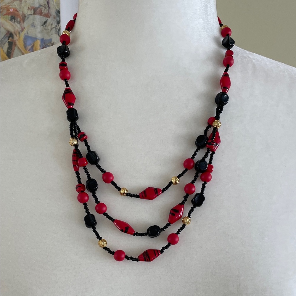 VINTAGE HANDMADE BEADED BIB NECKLACE Black Red Gold Art Deco Statement